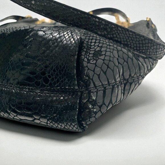 Michael Kors Black Python-Embossed Leather Tote Gold Chain Straps & Logo Charm - Picture 9 of 11